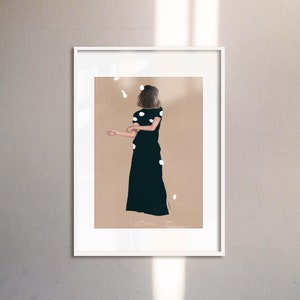 Collage de moda 1 - PÓSTER de alta calidad /// dibujo realista de una mujer con vestido negro con lunares blancos, impresión de galería de alta costura