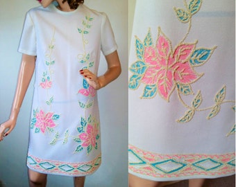 Vintage 1960s Dress Women's 60's Beaded Dress Summer Frock Pink White Turquoise