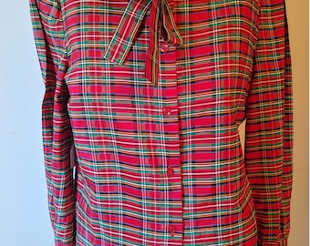 Vintage C1970's Women's Plaid Blouse Vintage 70's Christmas Blouse Red Green Plaid