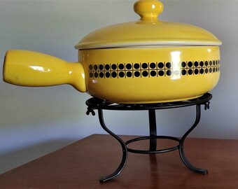 Vintage 1970's Fondue Set Ceramic Cheese Fondue Set 6 Pc. 70s Dining Yellow