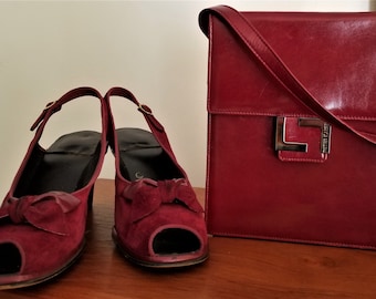Vintage 1970's Women's Shoes  Sling Back Pumps Shoulder Purse Claret Red Burgundy