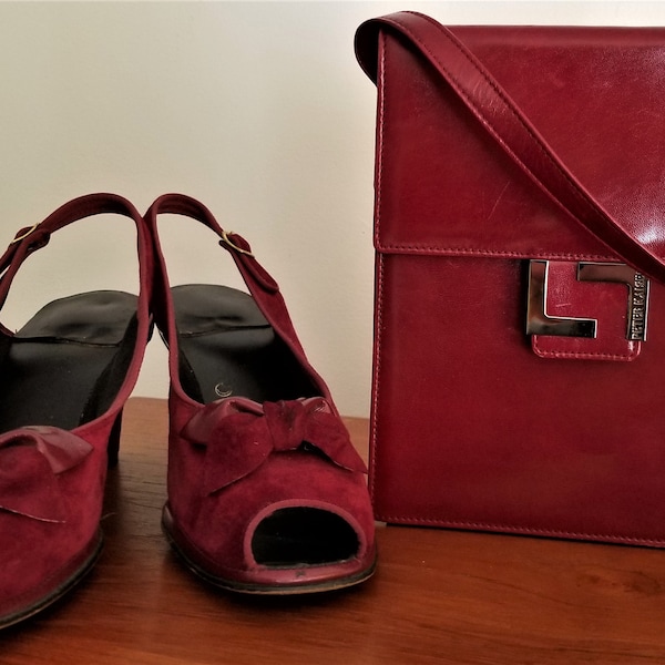 Vintage 1970's Women's Shoes  Sling Back Pumps Shoulder Purse Claret Red Burgundy