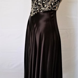 Vintage 1960s Gown/Vintage Formal Dress/ Dance Gown/ Evening Ball Gown / Liquid Satin Black Gold Elegant
