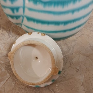 Pu&ograve; includere: Un coperchio in ceramica bianca con un design a strisce verde acqua e bianco. Il coperchio ha un piccolo foro al centro e un bordo rialzato.