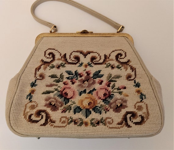 Vintage 1950's Purse, 1960's Cross Stitch Handbag… - image 1