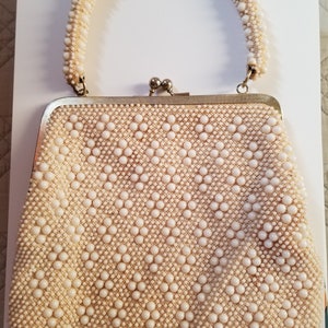 Vintage 1960&#39;s Handbag Beaded Purse Yellow White Beads 60&#39;s Soft Body