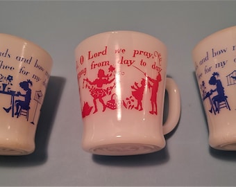 Vintage Fire King D handled Mugs Tea Coffee Red Blue White Meal Time Prayers Prayers