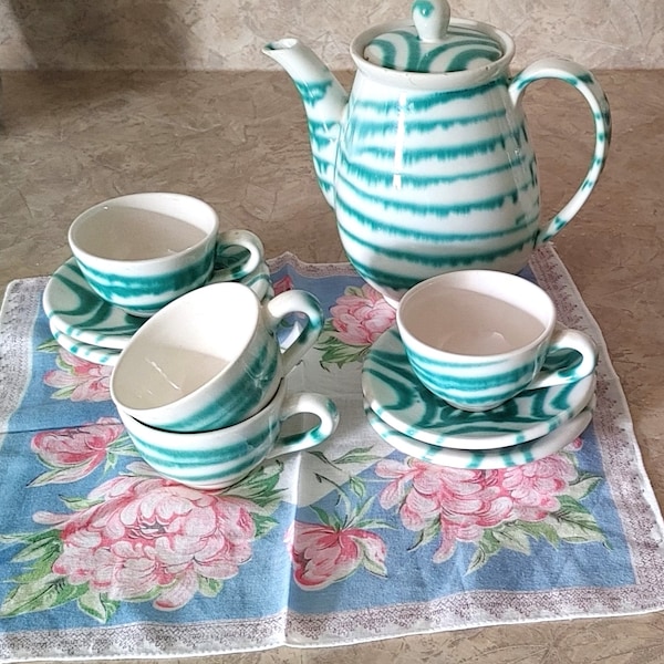 Vintage 60's Cups Saucers Dizzy Gmundner Keramik Austria Dizzy Green Stripe