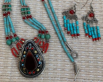 Carnelian stone Afghan Kuchi Pendant Ethnic Turquoise Beaded Necklace Dangler Chandelier Earrings