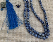 Sodalite Mala beads Necklace Silk Tassel Vintage Silver Guru Bead