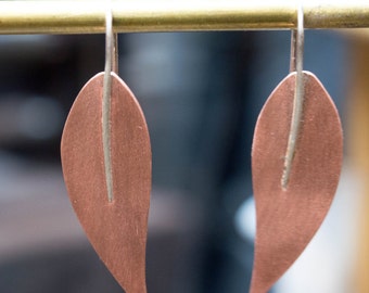 Copper earrings, Leaf earrings, Mixed metal earrings, Olive Leaf Shape earrings, Copper jewelry, Metalwork earrings, Copper and silver