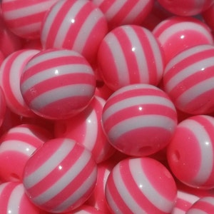 Set of 10 - 20mm Neon Pink and White Stripe Bubblegum Bead, Gumball Bead, Resin Bead, 20mm Stripe Beads, 20mm Chunky Bead, Chunky Necklace