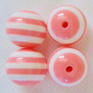 Set of 10 - 20mm Peachy Pink and White Stripe Bubblegum Bead, Gumball Bead, Resin Bead, 20mm Stripe Beads, 20mm Chunky Bead, Chunky Necklace