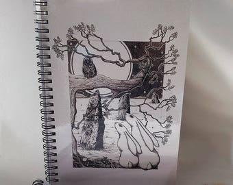 Eternal Moon Moon Gazing A5 Spiral Notebooks Pagan Gifts Yule Gifts, Stocking Fillers Hare and Moon Moongazey Owl Art Dream Journal