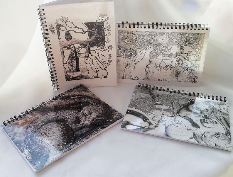 Eternal Moon Moon Gazing A5 Spiral Notebooks Pagan Gifts Yule Gifts, Stocking Fillers Hare and Moon Moongazey Owl Art Dream Journal