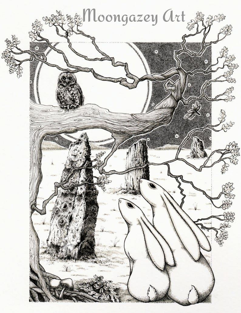 Eternal Moon Moon Gazing A5 Spiral Notebooks Pagan Gifts Yule Gifts, Stocking Fillers Hare and Moon Moongazey Owl Art Dream Journal