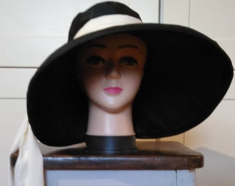 IN STOCK! Audrey Hepburn-Style Hat. Chapeu du Matin. Black Hat with Cream Scarf. Ascot Hat. Kentucky Derby Hat. Breakfast at Tiffany's.