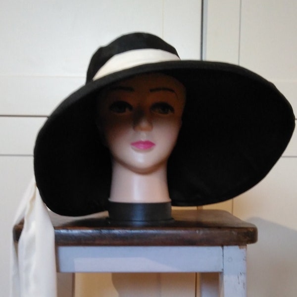 IN STOCK! Audrey Hepburn-Style Hat. Chapeu du Matin. Black Hat with Cream Scarf. Ascot Hat. Kentucky Derby Hat. Breakfast at Tiffany's.