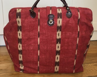 Large Carpet bag in Red and Brown Ikat heavy linen. Anne of Green Gables Bag