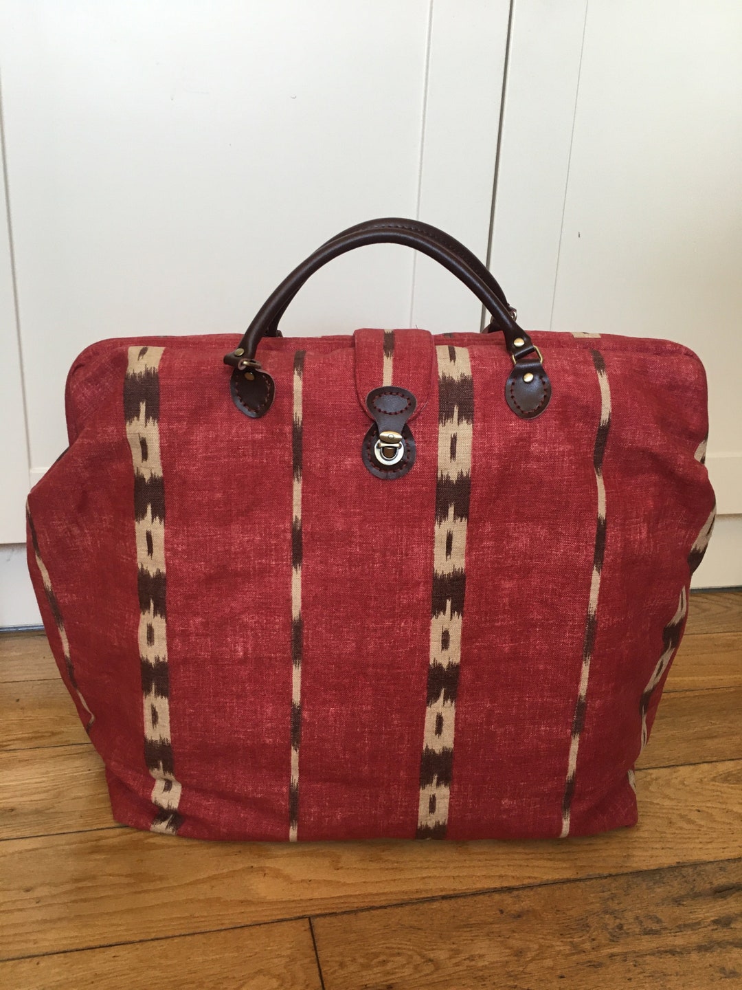 Large Carpet Bag in Red and Brown Ikat Heavy Linen. Anne of Green