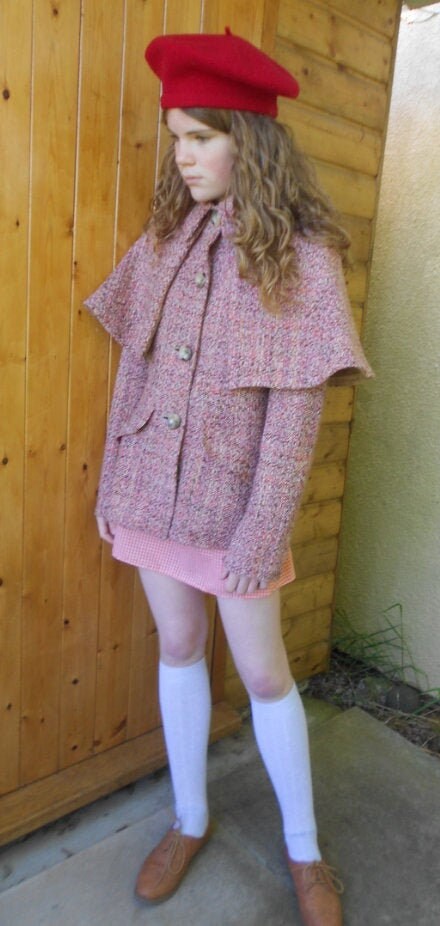 Image of Suzy Bishop Coat & Hat. Caped Pink Wool Coat. Maroon Beret. 's Style Retro Cape