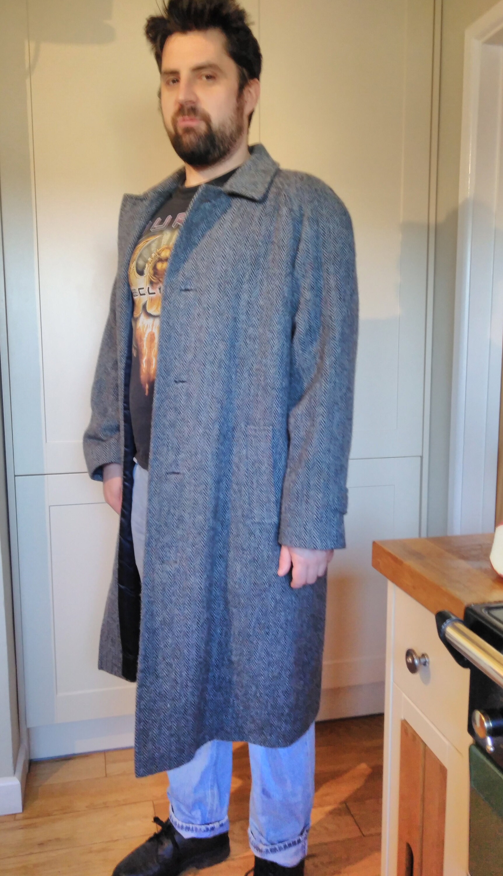 Image of Vintage Harris Tweed Men's Overcoat in Blue Herringbone