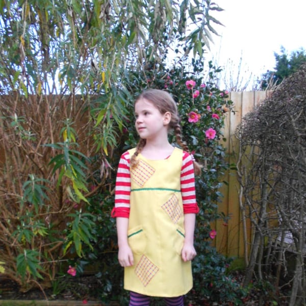 Yellow Patched Pinafore. Book Character Outfit. Girls Yellow Tunic. Child or Adult. World Book Day. Fancy dress.