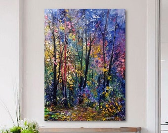 Original autumn forest color oil painting on canvas, Beautiful exquisite landscape art, Nature art lover gift, Forest path wall decor