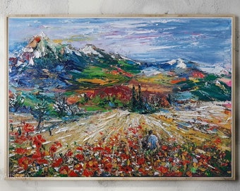 Red Poppies Fields With Mountains In The Background, Original Painting, Floral Impressionism, Painting Featuring Couple In Poppies Fields