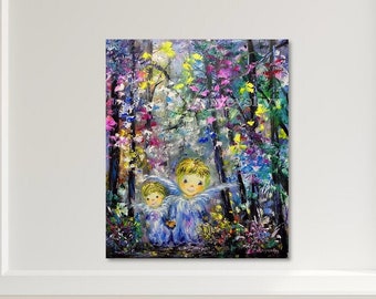 Little Angels Beautiful Angels In Road Painting on Canvas Angels Artwork Pink Forest Oil Painting Modern Abstract Art Angel Gift