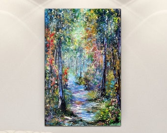 Original forest landscape painting, Beautiful forest wonderland art, Fairy tale art lover gift, Forest path wall decor,  Impressionism art