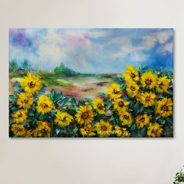 Sunflower Field Art, Enchanted Landscape Handmade Art, Vincent Van Gogh Style Art, Impressionism Painting by Volodymyr Myriyevskyy