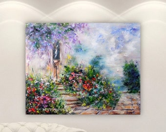 Summer Italian Landscape Painting on Canvas, Original Painting, Roses Floral Art, Impressionist Art, Living Room Flower Wall Decor
