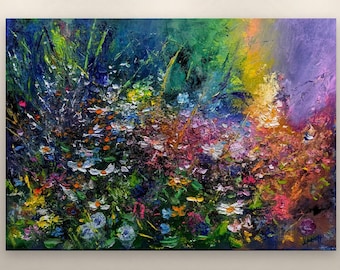 Obraz olejny z dzikimi kwiatami, kwiaty impresjonistyczne, oryginalne dzieło sztuki, abstrakcyjna dekoracja kwiatowa ze stokrotkami do salonu