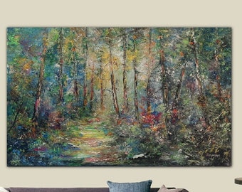 Autumn Yellow Forest Oil Painting Impressionistic Fall Forest Landscape Original Fall Painting Forest Road Canvas Wall Art