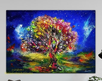 Tree of Life Colourful Oil Painting on Canvas Gold Tree Abstract Original Tree Painting Klimt Tree of life Artwork Rainbow Tree Painting