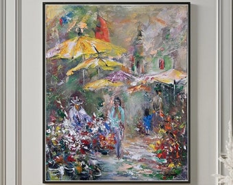 Flower Market Oil Painting, Impressionist Landscape, Romantic Wall Art, Traditional Street Scenes, Painting With People, Delicate Flower Art