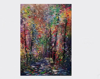 Original forest poster, Forest shadows print, Nature wall art print, Colorful forest print, Fairy forest path print, Impressionist art print
