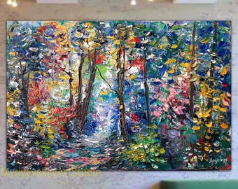 Impressionist Forest Landscape Oil Painting Original Modern Scenery Painting Wild Forest Flowers Wall Art Painting Nature Home Decor