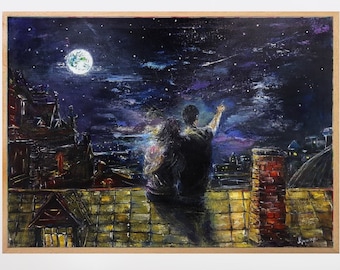 Original true romance poster, Loving couple sitting on roof art print, Couple looking at stars art print, Couple looking at moon art print