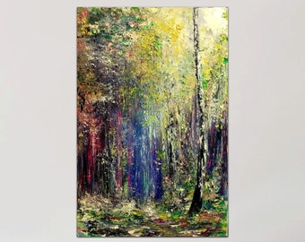 Autumn Landscape Forest Path Oil Painting Birch Trees Edge Forest On Canvas Bright Yellow Green Forest Wall Art By Volodymyr Myriyevskyy