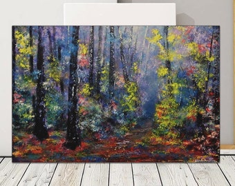 Autumn Dense Forest Landscape Painting, Fairy Forest Handmade on Canvas, Yellow Leaves Made with Palette Knife on Purple Trees Painting