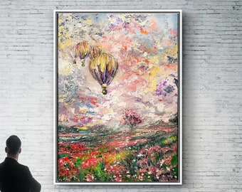 Oil Painting Depicting Hot Air Balloon Flight Pink Flower Field Wall Art Impressionist Landscape Colourful Sky Painting Romantinc Pink Art