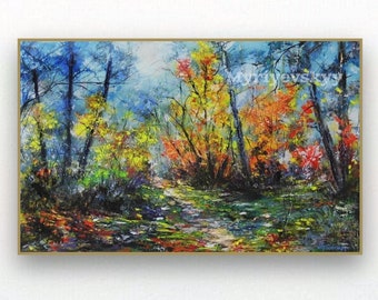 Autumn Original Wall Art Forest Path on Canvas, Colorful Fall Landscape Oil Painting, Impressionist Art Fall Foliage, Magic Autumn Wall Art