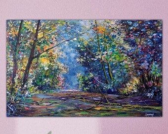 Large Forest Original Painting Lake Wall Art Impressionist Swamp Painting Swampy Forest Art Landscape Woods Oil Painting Colorful Shadows