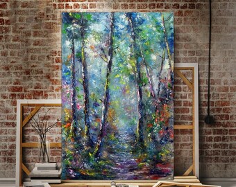 Impressionist Forest Landscape Hand Made Oil Painting, Forest Trail Made with Palette Knife In Colorful Colors, September in the Forest Art