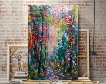 Enchanted Forest Landscape Handmade Art, Impressionist Oil on Canvas by Volodymyr Myriyevskyy, Green Forest Path Made with Colorful Colors