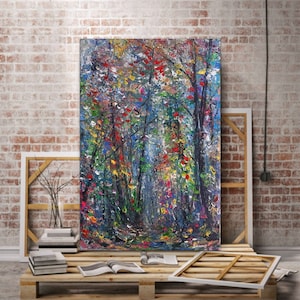 Fabulous Forest Handmade Art, Impressionist Oil Painting on Canvas by Volodymyr Myriyevskyy, Forest Path Made with Colorful Colors