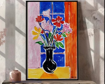 Matisse inspired, bright colored flowers in a black vase oil painting on canvas, flowers in the style of fauvism coloration, Original art