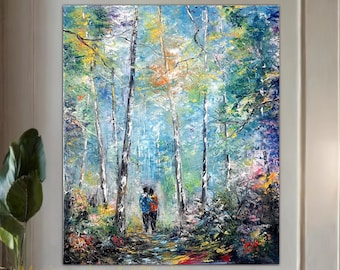 Lovers Walk Landscape Oil Painting Original Stroll Through Flowering Forest Painting on Canvas Romantic Walk Wall Decor Modern Forest Art